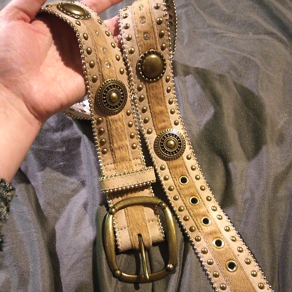 Kathy Van Zeeland Studded Suede & Calf Hair Belt XL